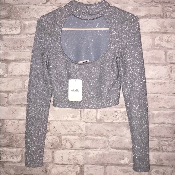 NWT Long Sleeve Mock Neck Cut Out Stretch Crop Top Ice Blue Shimmer - Picture 3 of 10